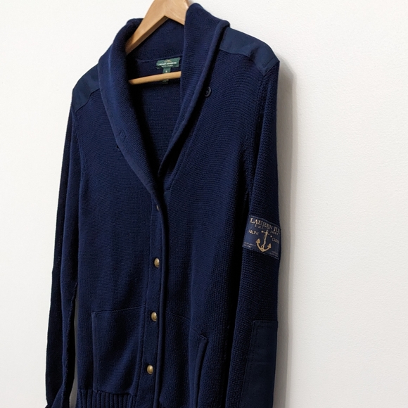 Lauren Ralph Lauren Navy Shawl Collar Elbow Shoulder Patch Gold Button Cardigan - Picture 4 of 13